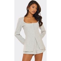 Long Sleeve Scoop Neck Split Hem Wool Look Top In Light Grey, Women's Size UK 6