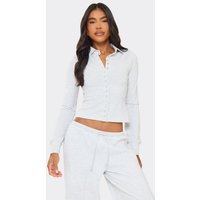 Long Sleeve Collared Popper Detail Top In Light Grey Marl, Women's Size UK 10