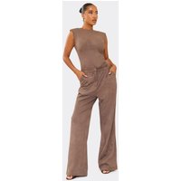 Mid Rise Wide Leg Tailored Trousers In Taupe Faux Suede, Women's Size UK 6