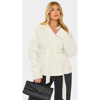 Long Sleeve Belted Detail Jacket In White Borg, Women's Size UK 14