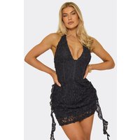 Halterneck Corset Drape Detail Mini Skater Dress In Black Texture, Women's Size UK 6