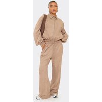 Drawstring Waist Straight Leg Trousers In Taupe Faux Suede, Women's Size UK 10