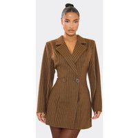 Long Sleeve Shoulder Pad Detail Blazer Dress In Chocolate Brown Pinstripe Wool, Women's Size UK 8