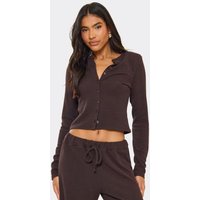 Shoulder Pad Button Up Fitted Top In Chocolate Brown Ribbed, Women's Size UK 14