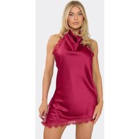 Cowl High Neck Lace Trim Asymmetric Hem Detail Mini Dress In Burgundy Satin, Women's Size UK 8