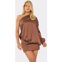 One Shoulder Pleated Blouson Mini Dress In Chocolate Brown Satin, Women's Size UK 6