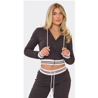 Contrast Stripe Detail Fitted Zip Up Hoodie In Chocolate Brown, Women's Size UK 6