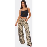 Low Rise Wide Leg Jeans In Brown Leopard Print Denim, Women's Size UK 6
