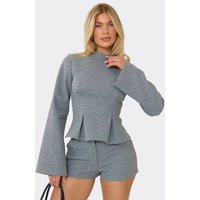 High Neck Long Sleeve Pleat Hem Wool-Look Top In Grey, Women's Size UK 10