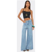 Mid Rise Frayed Waistband Split Hem Wide Leg Jeans In Light Blue Denim, Women's Size UK 12