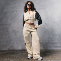 Contrast Panel Wide Leg Detail Joggers In Stone, Women's Size UK 6