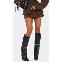 Mexica Half Zip Side Pocket Detail Pointed Toe Block Heel Knee High Boot In Black Faux Leather, Women's Size UK 3