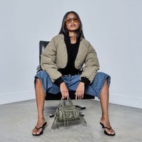 Cropped Rib Edge Detail Puffer Coat In Khaki Green, Women's Size UK 6