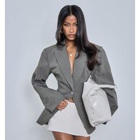 Plunge Shoulder Pad Detail Blazer In Khaki Green Pinstripe, Women's Size UK 6