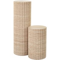 Set of Two Cava Fluted Round Beige Travertine Drum Side Tables (Standard & Tall)