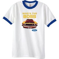 Ford Mustang Boss Ringer T-Shirt - Who's The Boss 302 White/Royal Tee