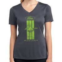 Ladies Ford Green Mustang Stripe Dry Wicking V-neck