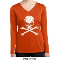 Ladies White Distressed Skull Dry Wicking Long Sleeve Shirt