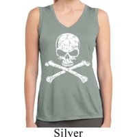 Ladies White Distressed Skull Sleeveless Moisture Wicking Shirt