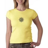 Ladies Yoga Shirt Black Lotus OM Patch Small Print Crewneck T-Shirt