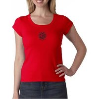 Ladies Yoga Shirt Black Lotus OM Patch Small Print Scoop Neck T-Shirt