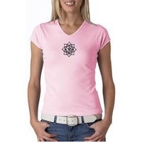 Ladies Yoga Shirt Black Lotus OM Patch Small Print V-neck Tee T-Shirt