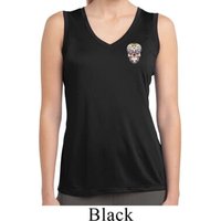 Sugar Skull Patch Pocket Print Ladies Sleeveless Dry Wicking Shirt