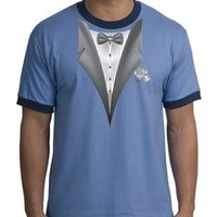 Tuxedo T-Shirt Ringer With White Flower - Carolina Blue/Navy