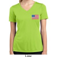 US Flag Pocket Print Ladies Moisture Wicking V-neck Shirt