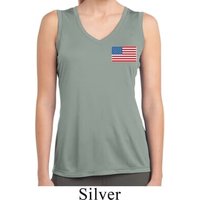 US Flag Pocket Print Ladies Sleeveless Moisture Wicking Shirt