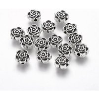 Tibetan Style Alloy Beads, Lead Free and Cadmium Free, Flower, Great for Mother's Day Gifts making, Antique Silver, about 7mm in diameter, 4mm thick, hole: 1mm