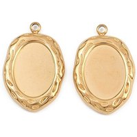 304 Stainless Steel Pendant Cabochon Settings, Oval Charms, Ion Plating(IP), Real 18K Gold Plated, Tray: 14.5x10.5mm, 23x16x3mm, Hole: 1.6mm