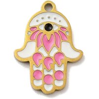 304 Stainless Steel Pendants, with Enamel, Hamsa Hand, Real 18K Gold Plated, Cadmium Free & Nickel Free & Lead Free, Pearl Pink, 16x12x1mm, Hole: 1.2mm