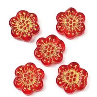 Baking Paint and Golden Metal Enlaced Glass Beads, Flower, Red, 17x18.5x5.5mm, Hole: 1.2mm