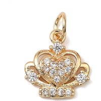 Brass Micro Pave Cubic Zirconia Charms, Real 14K Gold Plated, with Jump Ring, Crown, 13x12x3.5mm, Hole: 3.5mm