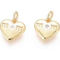 Golden Plated Brass Charms, with Cubic Zirconia and Jump Rings, Heart with Word Mom, for Mother's Day, Clear, 11x11x2mm, Hole: 2.5mm