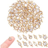120Pcs 12 Styles Brass Clear Cubic Zirconia Connector Charms, Mixed Color, 7.5-14x3.5-7x1.5-3mm, Hole: 1-1.5mm, 10pcs/style