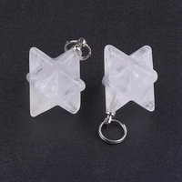 Pendentifs de cristal de quartz naturel, pendentifs en cristal de roche, avec 201 anneaux fendus en acier inoxydable, couleur inoxydable, Merkaba Star, 22-23x16.5-17x19mm, Trou: 6mm