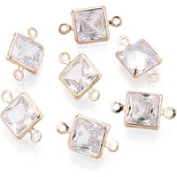 Brass Pave Clear Cubic Zirconia Links/Connector Charms, Square, Light Gold, 12x7x3mm, Hole: 1mm