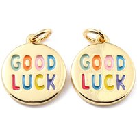 Brass Enamel Pendants, with Jump Ring, Long-Lasting Plated, Real 18K Gold Plated, Flat Round & Word GOOD LUCK, Colorful, 16x14x2mm, Jump Ring: 5x0.8mm, 3.4mm Inner Diameter