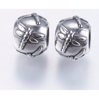 304 Stainless Steel European Beads, Large Hole Beads, Rondelle with Dragonfly, Antique Silver, 10x8mm, Hole: 5mm