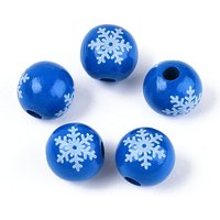 Christmas Spray Painted Schima Wood Beads, Round with Snowflake Pattern, Printed Beads, Dodger Blue, 15.5-16x15mm, Hole: 4-5mm
