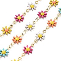 Ion Plating(IP) 304 Stainless Steel Link Chains, with Resin & Enamel & Spool, Unwelded, Real 18K Gold Plated, Flower, Colorful, 12.5x7x2mm, about 32.81 Feet(10m)/Roll