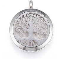 Medaillonanhänger aus Diffusor-Edelstahl 304, Mit Parfümauflage und Magnetverschlüssen, flach rund mit Baum, Schwarz, 36.5-37x30x6.5-7 mm, Bohrung: 5 mm