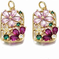Brass Micro Pave Cubic Zirconia Pendants, with Jump Rings, Nickel Free, Real 16K Gold Plated, Flower, Pink, 21.5x14x3mm, Jump Ring: 5x0.8mm, 3mm inner diameter