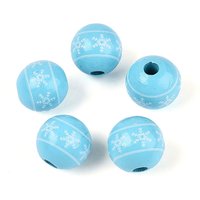 Christmas Spray Painted Schima Wood Beads, Round with Snowflake Pattern, Printed Beads, Light Sky Blue, 15.5-16x15mm, Hole: 4-5mm