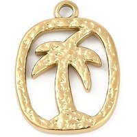 304 Stainless Steel Pendants, Oval with Coconut Tree Charm, Ion Plating(IP), Real 18K Gold Plated, 18.5x14x2mm, Hole: 1.6mm