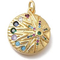 Brass Micro Pave Cubic Zirconia Pendants, Round with Sun, Cadmium Free & Lead Free, Rack Plating, Long-Lasting Plated, Real 18K Gold Plated, with Jump Ring, Colorful, 19.5x17x5mm, Hole: 3.5mm
