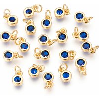 Brass with Single Cubic Zirconia Charms, Single Stone Charms, Flat Round, Golden, Blue, 6.5x4.5x2mm, Hole: 2.5-3mm