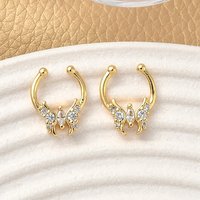 Brass Pave Clear Cubic Zirconia Circular/Horseshoe Barbell Nose Rings, Fake Septum Nose Rings, Real 18K Gold Plated, Nickel Free, Butterfly, 13.5x10.5x2.5mm